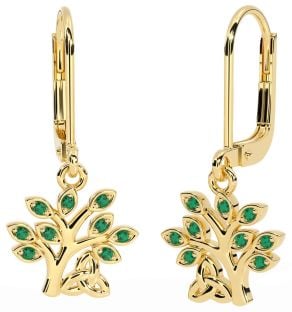 Emerald Gold Silver Celtic Tree of Life Trinity Knot Dangle Earrings