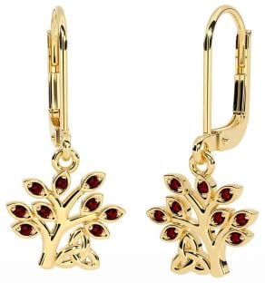 Garnet Gold Silver Celtic Tree of Life Trinity Knot Dangle Earrings