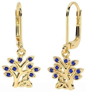 Sapphire Gold Silver Celtic Tree of Life Trinity Knot Dangle Earrings