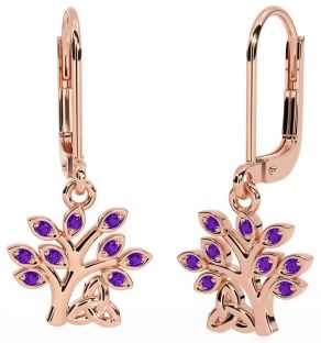 Amethyst Rose Gold keltisch Baum von Leben Dreieinigkeit Knoten Baumeln Ohrringe