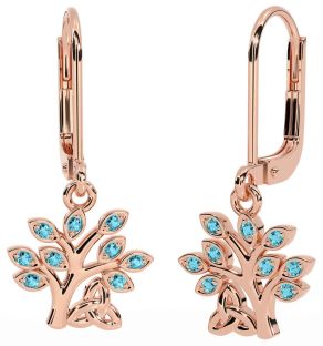 Aquamarine Rose Gold Celtic Tree of Life Trinity Knot Dangle Earrings