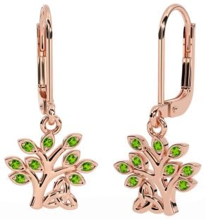 Peridot Rose Gold Celtic Tree of Life Trinity Knot Dangle Earrings