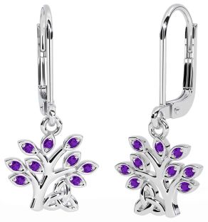 Amethyst Silver Celtic Tree of Life Trinity Knot Dangle Earrings