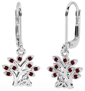 Garnet Silver Celtic Tree of Life Trinity Knot Dangle Earrings