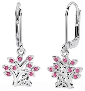 Pink Tourmaline Silver Celtic Tree of Life Trinity Knot Dangle Earrings