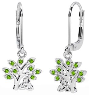 Peridot Silver Celtic Tree of Life Trinity Knot Dangle Earrings