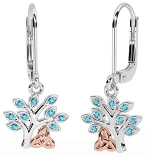 Aquamarine Rose Gold Silver Celtic Tree of Life Trinity Knot Dangle Earrings