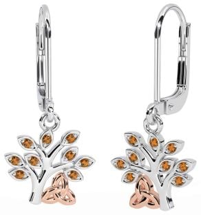 Citrine Rose Gold Silver Celtic Tree of Life Trinity Knot Dangle Earrings