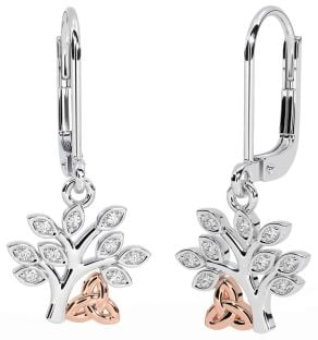 Diamant Rose Gold Silber keltisch Baum von Leben Dreieinigkeit Knoten Baumeln Ohrringe