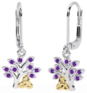 Amethyst Gold Silver Celtic Tree of Life Trinity Knot Dangle Earrings