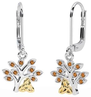 Citrine Gold Silver Celtic Tree of Life Trinity Knot Dangle Earrings