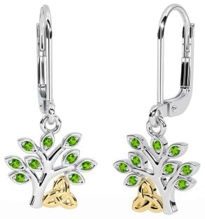 Peridot Gold Silver Celtic Tree of Life Trinity Knot Dangle Earrings