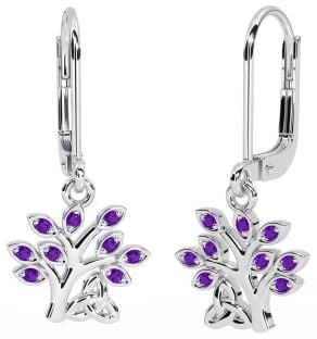 Amethyst White Gold Celtic Tree of Life Trinity Knot Dangle Earrings