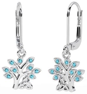 Aquamarine White Gold Celtic Tree of Life Trinity Knot Dangle Earrings