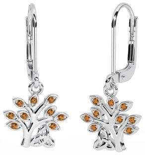 Citrine White Gold Celtic Tree of Life Trinity Knot Dangle Earrings