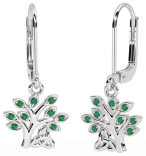 Emerald White Gold Celtic Tree of Life Trinity Knot Dangle Earrings