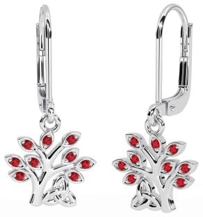 Ruby White Gold Celtic Tree of Life Trinity Knot Dangle Earrings