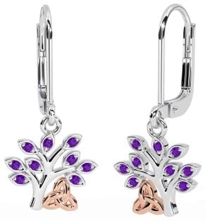 Amethyst Weiß Rose Gold keltisch Baum von Leben Dreieinigkeit Knoten Baumeln Ohrringe