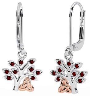 Garnet White Rose Gold Celtic Tree of Life Trinity Knot Dangle Earrings