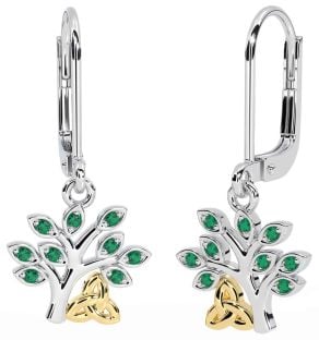 Emerald White Yellow Gold Celtic Tree of Life Trinity Knot Dangle Earrings