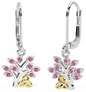 Pink Tourmaline White Yellow Gold Celtic Tree of Life Trinity Knot Dangle Earrings