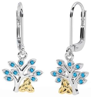 Topaz White Yellow Gold Celtic Tree of Life Trinity Knot Dangle Earrings