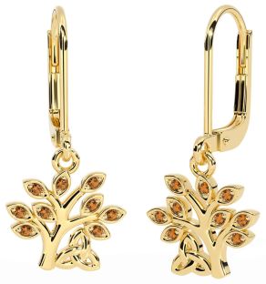 Citrine Gold Celtic Tree of Life Trinity Knot Dangle Earrings