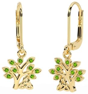 Peridot Gold Celtic Tree of Life Trinity Knot Dangle Earrings