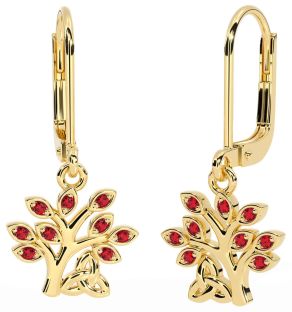 Ruby Gold Celtic Tree of Life Trinity Knot Dangle Earrings