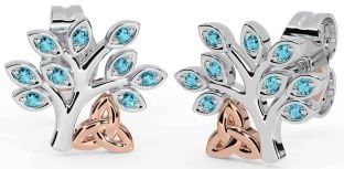 Aquamarine Rose Gold Silver Celtic Tree of Life Trinity Knot Stud Earrings