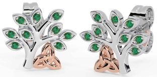 Emerald Rose Gold Silver Celtic Tree of Life Trinity Knot Stud Earrings