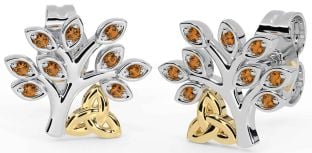 Citrine Gold Silver Celtic Tree of Life Trinity Knot Stud Earrings