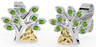 Peridot Gold Silver Celtic Tree of Life Trinity Knot Stud Earrings