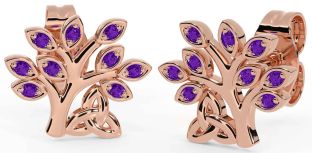 Amethyst Rose Gold Silver Celtic Tree of Life Trinity Knot Stud Earrings