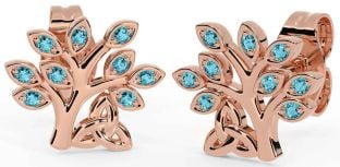 Aquamarine Rose Gold Silver Celtic Tree of Life Trinity Knot Stud Earrings