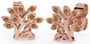 Citrine Rose Gold Silver Celtic Tree of Life Trinity Knot Stud Earrings