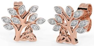 Diamond Rose Gold Silver Celtic Tree of Life Trinity Knot Stud Earrings