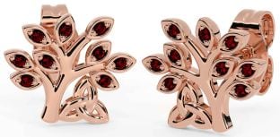 Garnet Rose Gold Silver Celtic Tree of Life Trinity Knot Stud Earrings