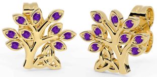 Amethyst Gold Silver Celtic Tree of Life Trinity Knot Stud Earrings