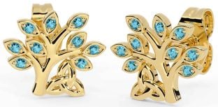 Aquamarine Gold Silver Celtic Tree of Life Trinity Knot Stud Earrings