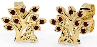 Garnet Gold Silver Celtic Tree of Life Trinity Knot Stud Earrings