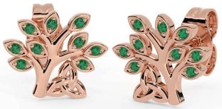 Emerald Rose Gold Celtic Tree of Life Trinity Knot Stud Earrings