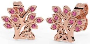 Pink Tourmaline Rose Gold Celtic Tree of Life Trinity Knot Stud Earrings