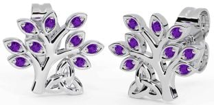 Amethyst Silver Celtic Tree of Life Trinity Knot Stud Earrings