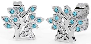 Aquamarine Silver Celtic Tree of Life Trinity Knot Stud Earrings