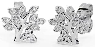 Diamond Silver Celtic Tree of Life Trinity Knot Stud Earrings