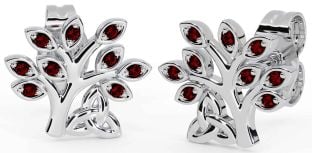 Garnet Silver Celtic Tree of Life Trinity Knot Stud Earrings