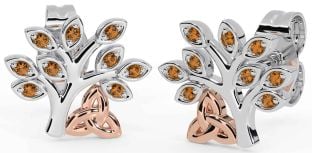 Citrine Rose Gold Silver Celtic Tree of Life Trinity Knot Stud Earrings