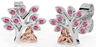 Pink Tourmaline Rose Gold Silver Celtic Tree of Life Trinity Knot Stud Earrings