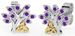 Amethyst Gold Silver Celtic Tree of Life Trinity Knot Stud Earrings